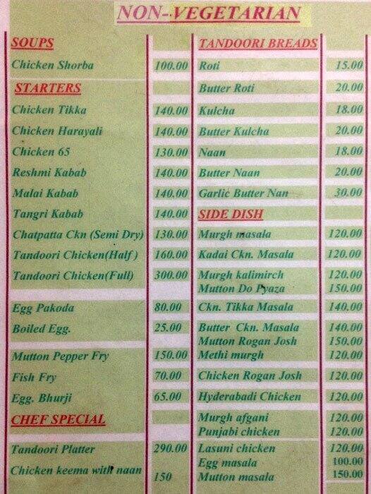Menu at Pathankot, Bengaluru