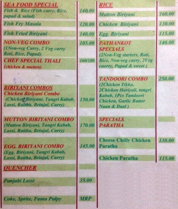 Menu at Pathankot, Bengaluru