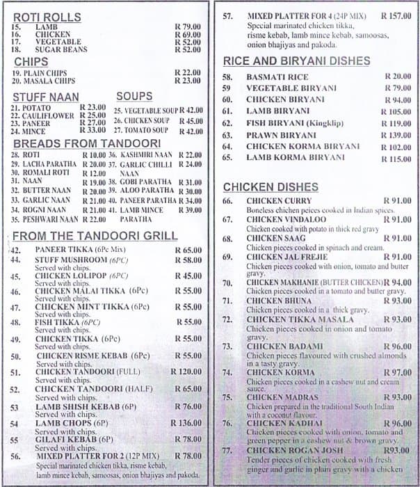 Speisekarte von Shaan-e-Punjab restaurant, Randburg, Northgate