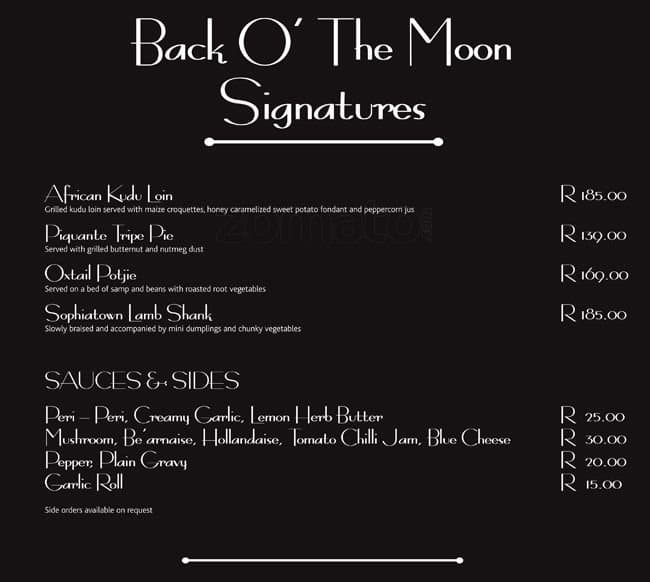 Speisekarte von Back O' The Moon (Closed) restaurant, Johannesburg