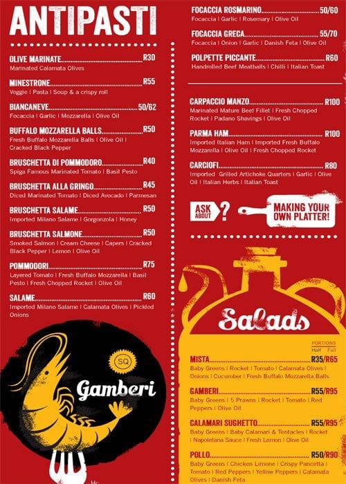 Menu at Spiga restaurant, Durban, 465 Innes Rd