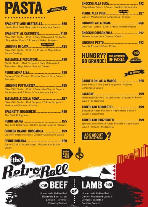 Menu at Spiga restaurant, Durban, 465 Innes Rd