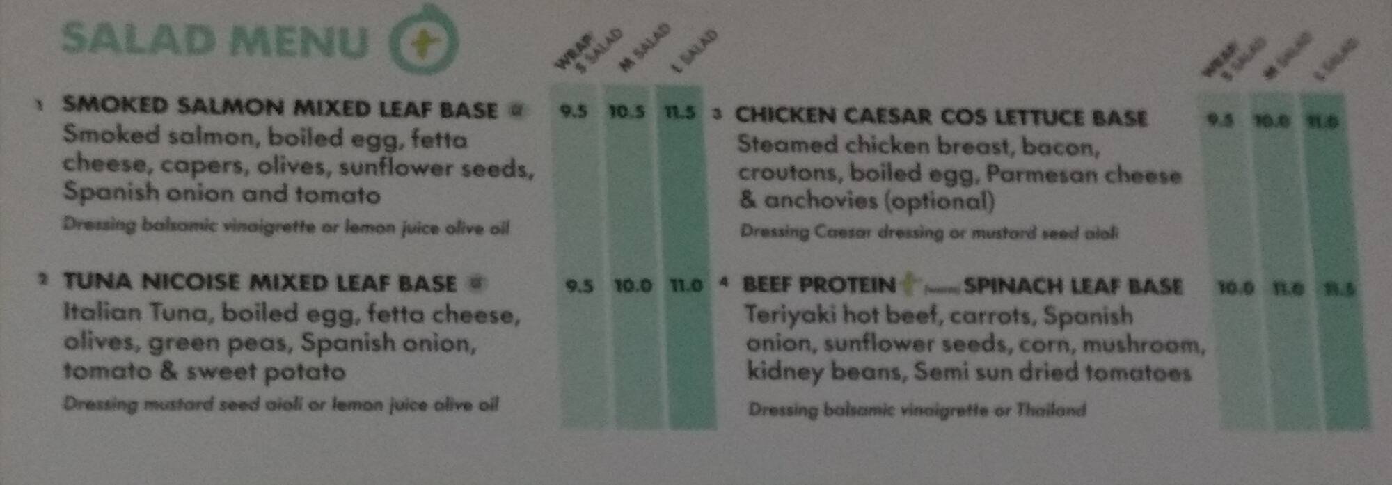 Menu at Saladworks fast food, Sydney, 17 Hunter St