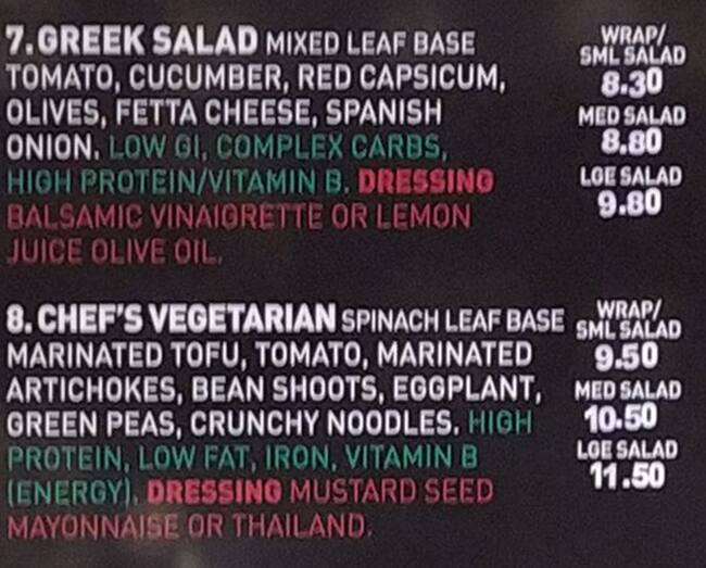 Menu at Saladworks restaurant, Sydney, 5759 York St
