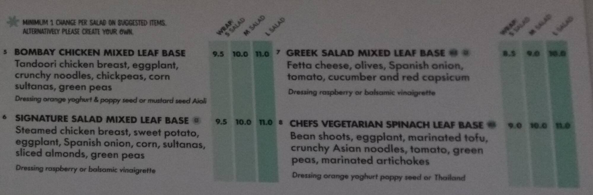 Menu at Saladworks fast food, Sydney, 17 Hunter St