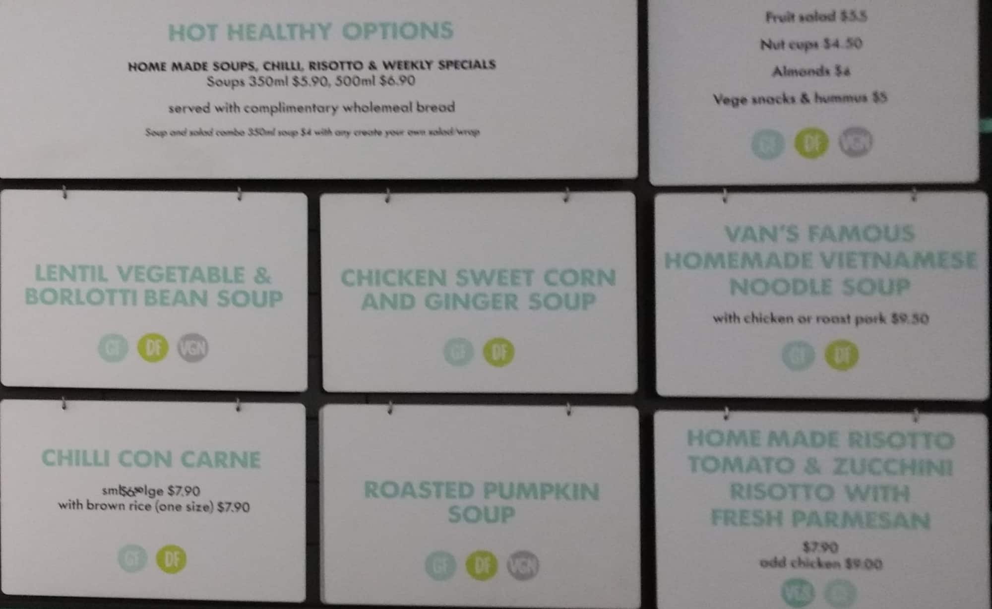 Menu at Saladworks fast food, Sydney, 17 Hunter St