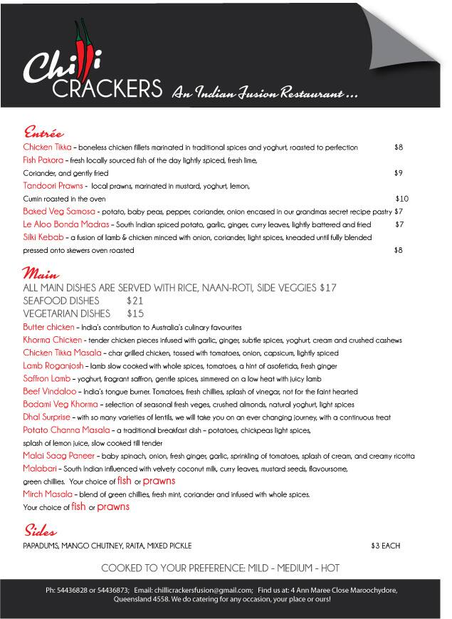 Menu at Chilli Crackers Indian Fusion Restaurant, Maroochydore