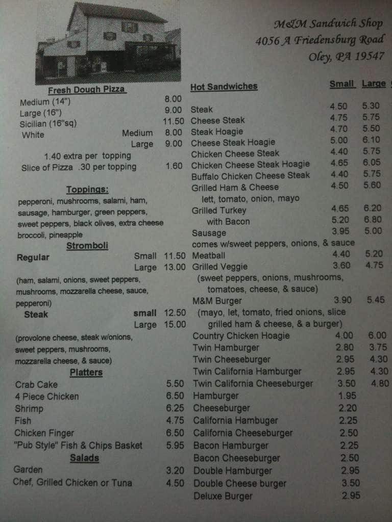 M & M Sandwich Shop a Lancaster Foto del Menu con Prezzi Urbanspoon/Zomato
