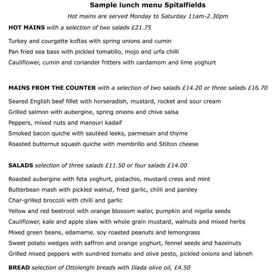 Menu at Ottolenghi Spitalfields restaurant, London, 50 Artillery Ln