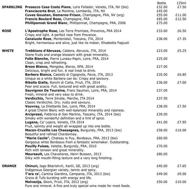 Menu at Ottolenghi restaurant, London, 50 Artillery Ln