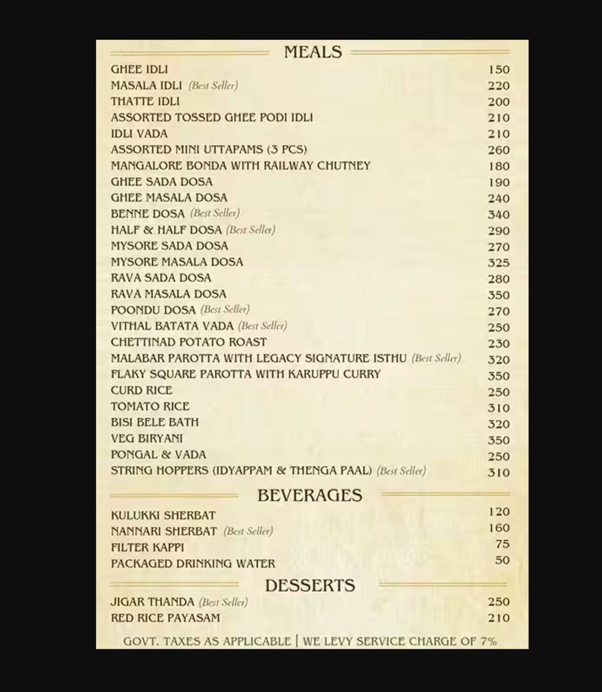 Menu of Kamats Legacy, Bhandup, Mumbai