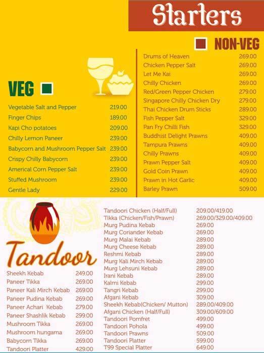 Tangerine 99 Menu, Menu for Tangerine 99, Satya Nagar, Bhubaneshwar
