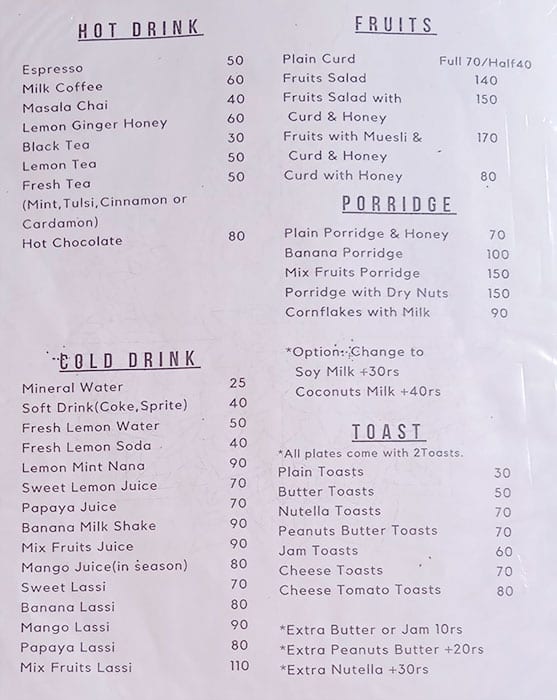 Menu at Cozy Corner, Varanasi