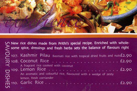 Prithi Cuisine menu
