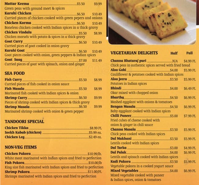 Menu at Taste of Punjab restaurant, Brampton