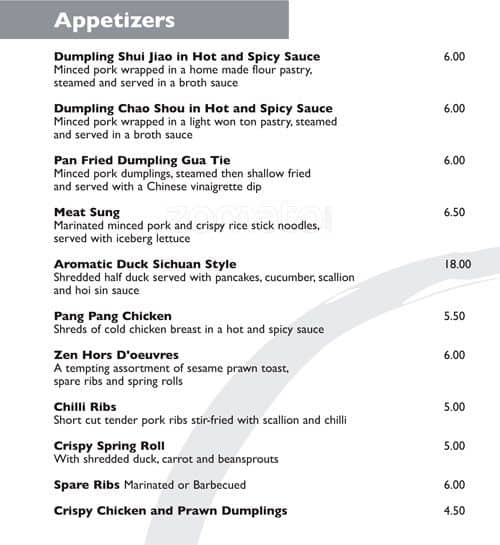 Zen Restaurant Menu, Menu for Zen Restaurant, Rathmines, Dublin