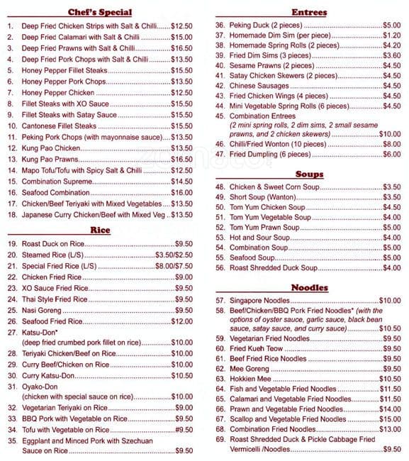 Oriental Spoon Menu, Menu for Oriental Spoon, Macleod, Melbourne