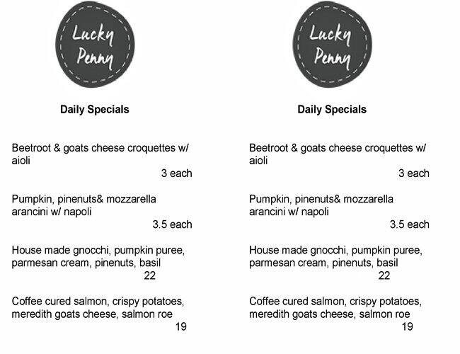 Lucky Penny Menu, Menu for Lucky Penny, South Yarra, Melbourne