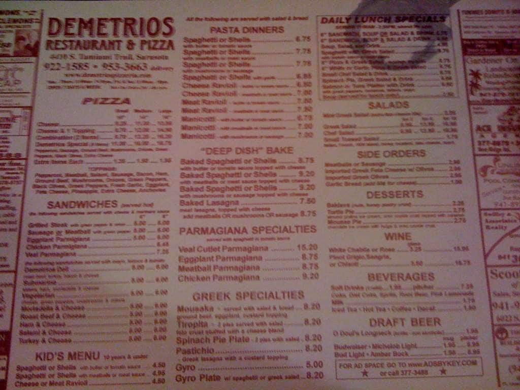 Menu at Demetrio's Restaurant & Pizza, Sarasota