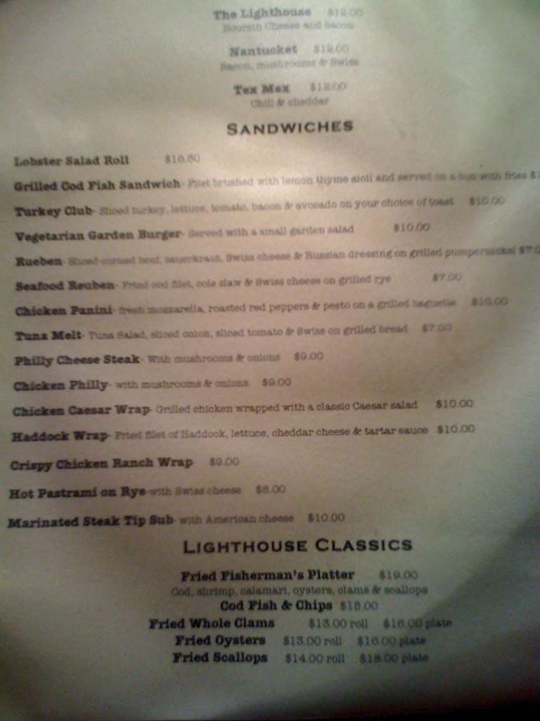 Lighthouse Restaurant menu, Menu restauracji Lighthouse Restaurant