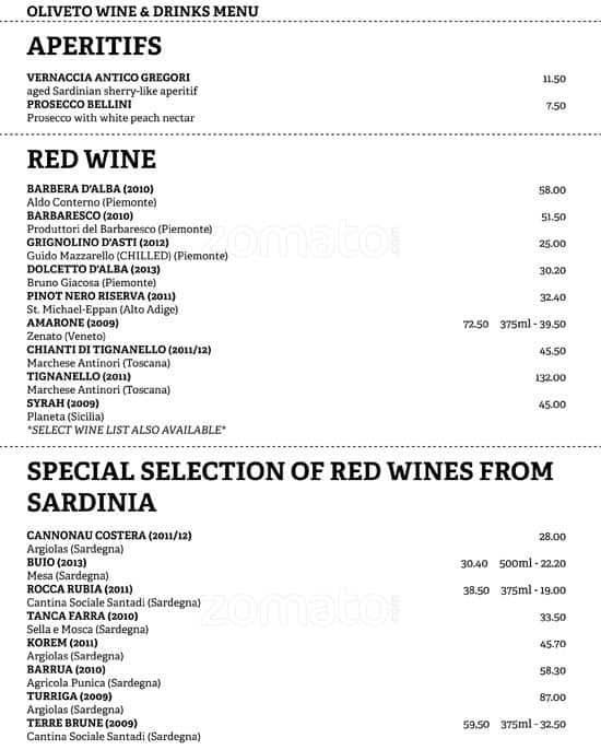 Menu at Oliveto restaurant, London