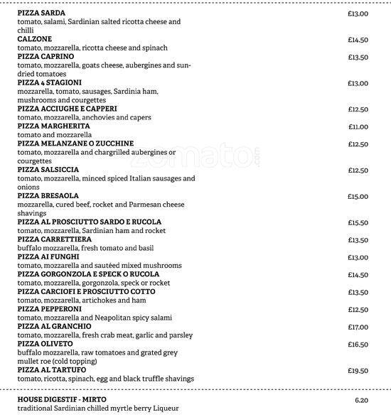 Menu at Oliveto restaurant, London