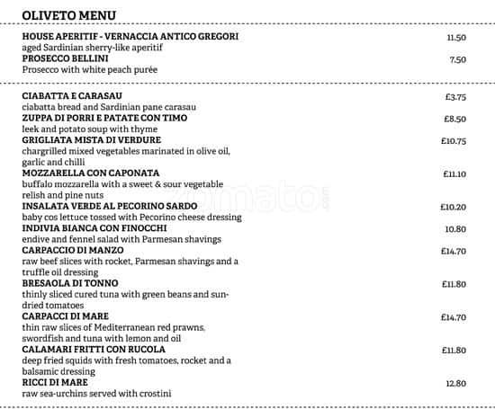 Oliveto menu clearance