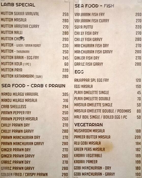 Anjappar Menu Menu For Anjappar Porur Chennai