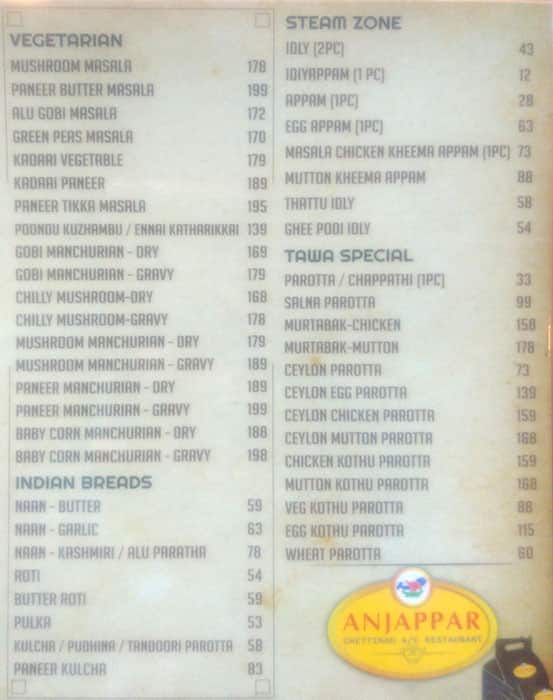Anjappar Menu Menu For Anjappar Palavakkam Chennai