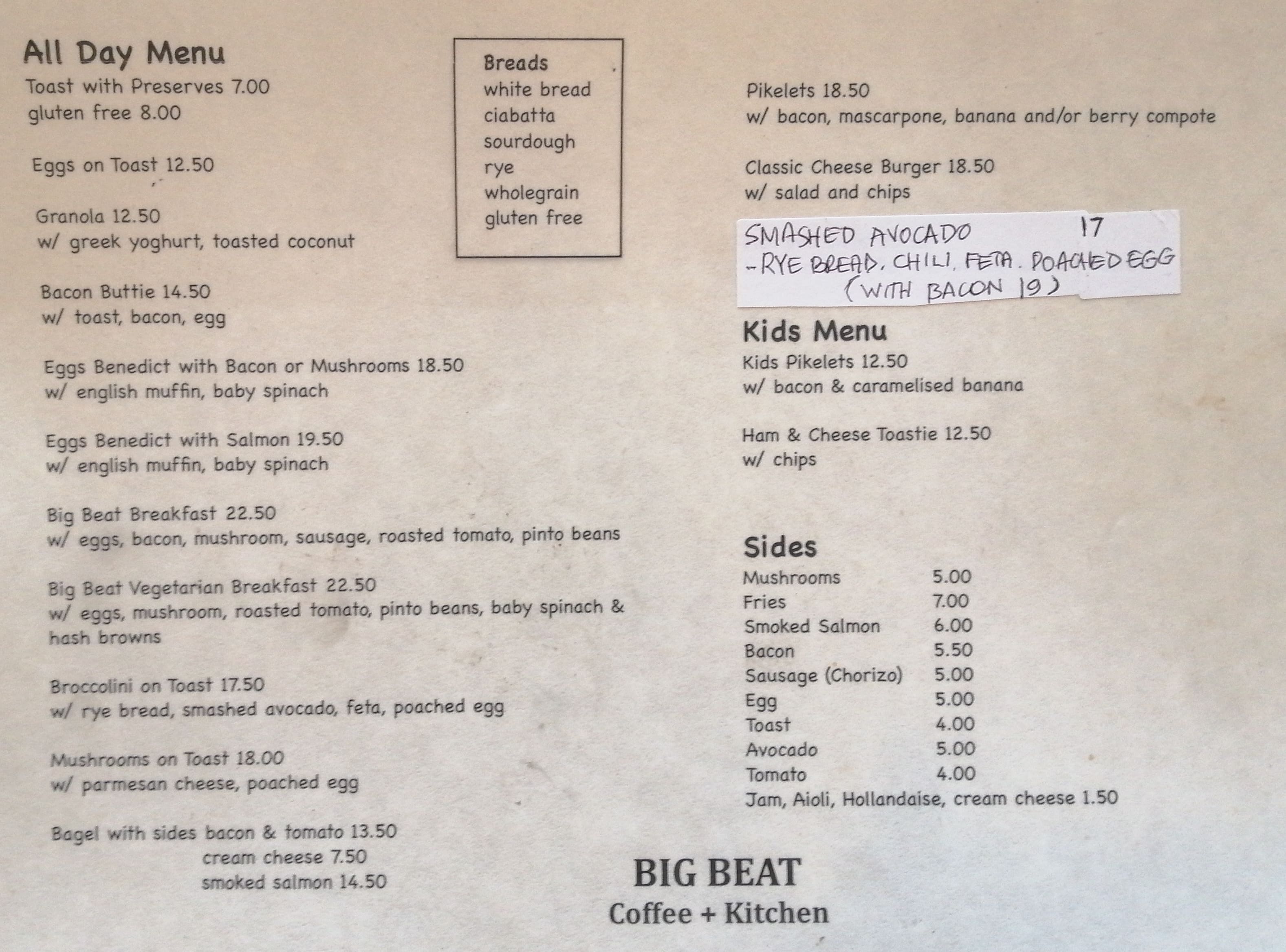 Big Beat Coffee Kitchen Menu