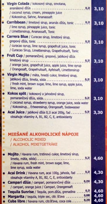 Menu at Vienna Cafe, Bratislava