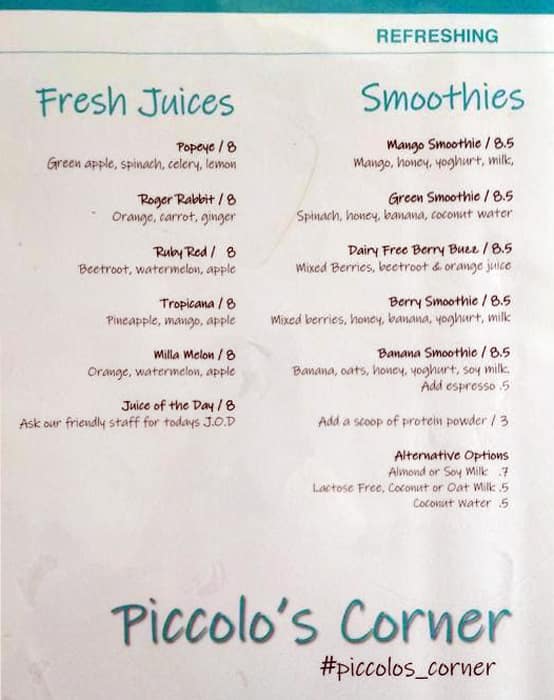 Menu at Piccolo's Corner cafe, West Leederville