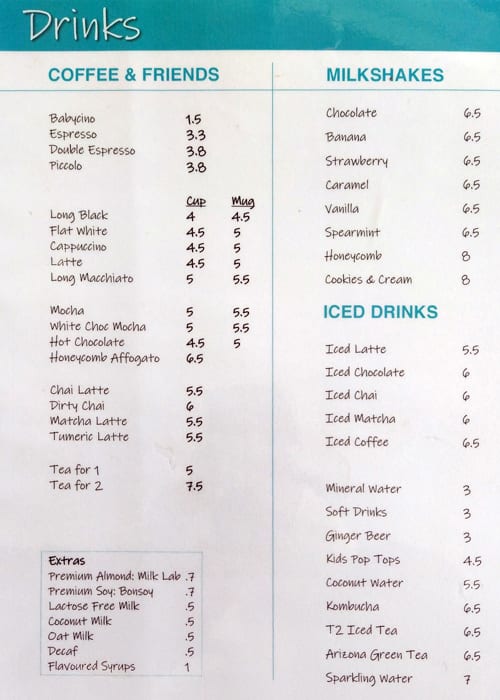 Menu at Piccolo's Corner cafe, West Leederville