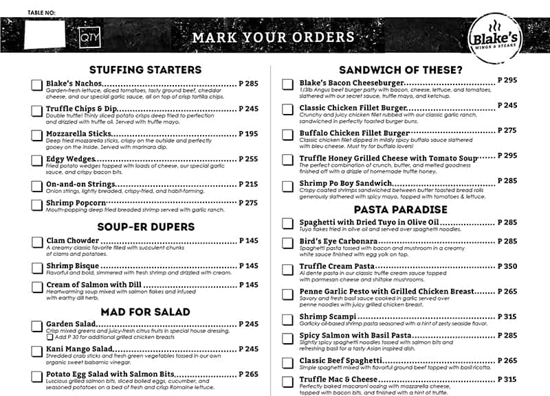Menu at Blake's Wings & Steaks - BGC restaurant, Taguig