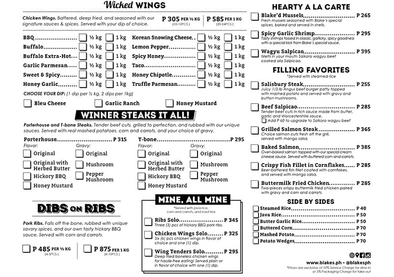 Menu at Blake's Wings & Steaks - BGC restaurant, Taguig