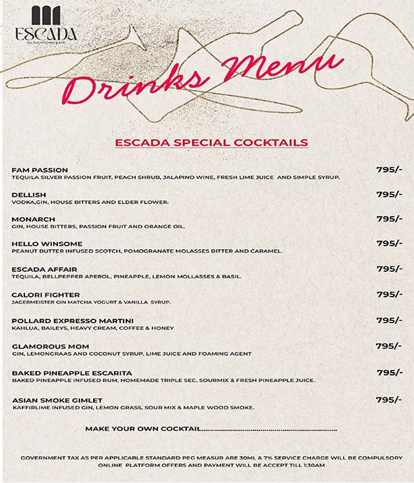 Menu of Escada All Day Kitchen & Bar, Viman Nagar, Pune