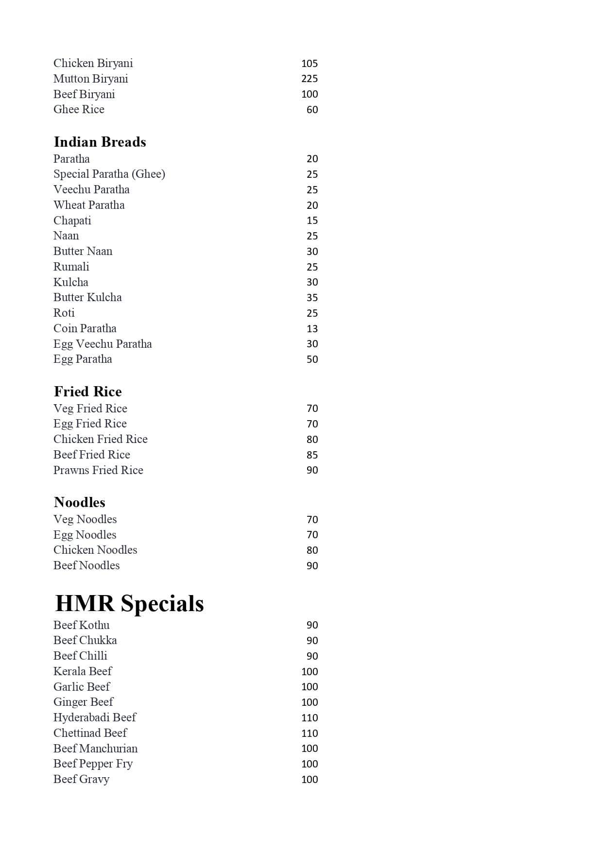 Menu at Hmr Biriyani Hut, Coimbatore