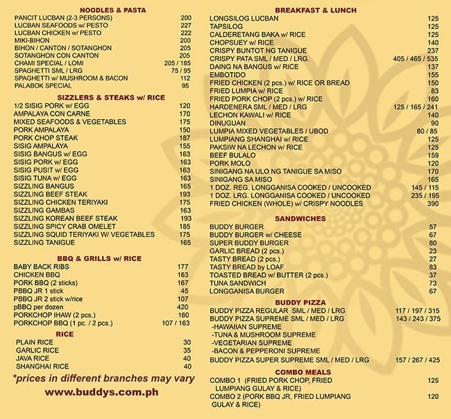 Buddy's Menu, Menu for Buddy's, Valenzuela, Makati City Zomato