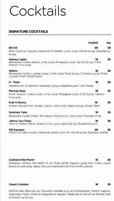 Bar100 menu