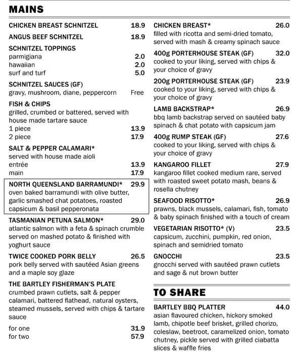 Menu at Leg Trap Hotel restaurant, West Lakes Shore, Bartley Terrace