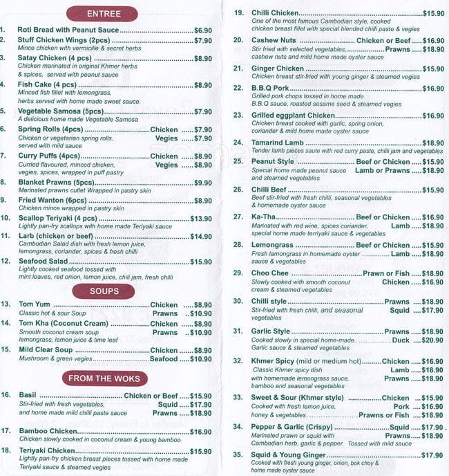 Royal Cambodia Menu, Menu for Royal Cambodia, East Perth, Perth