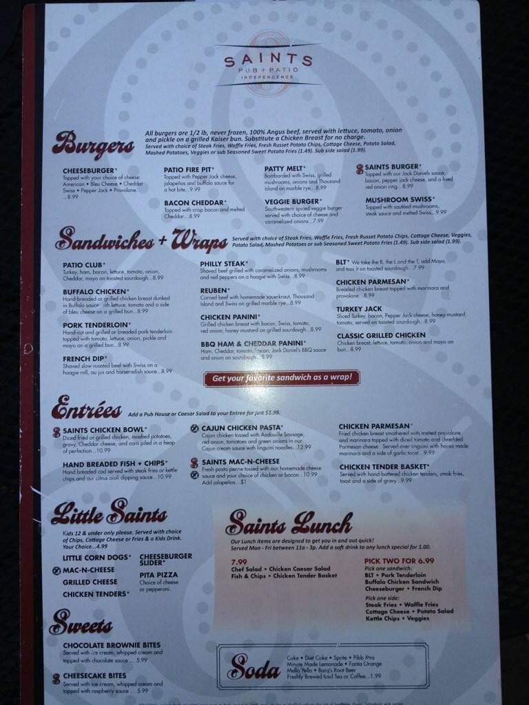 Saints Pub + Patio Menu, Menu for Saints Pub + Patio, Independence