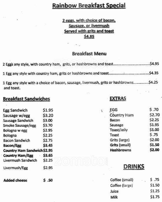 Rainbow Grill Menu, Menu for Rainbow Grill, Atando Junction, Charlotte
