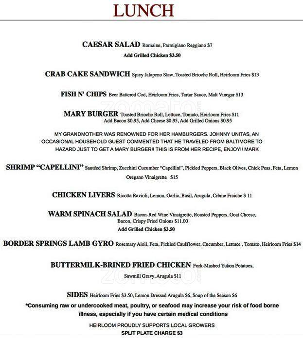 Heirloom Menu, Menu for Heirloom, Midway, Lexington Urbanspoon/Zomato