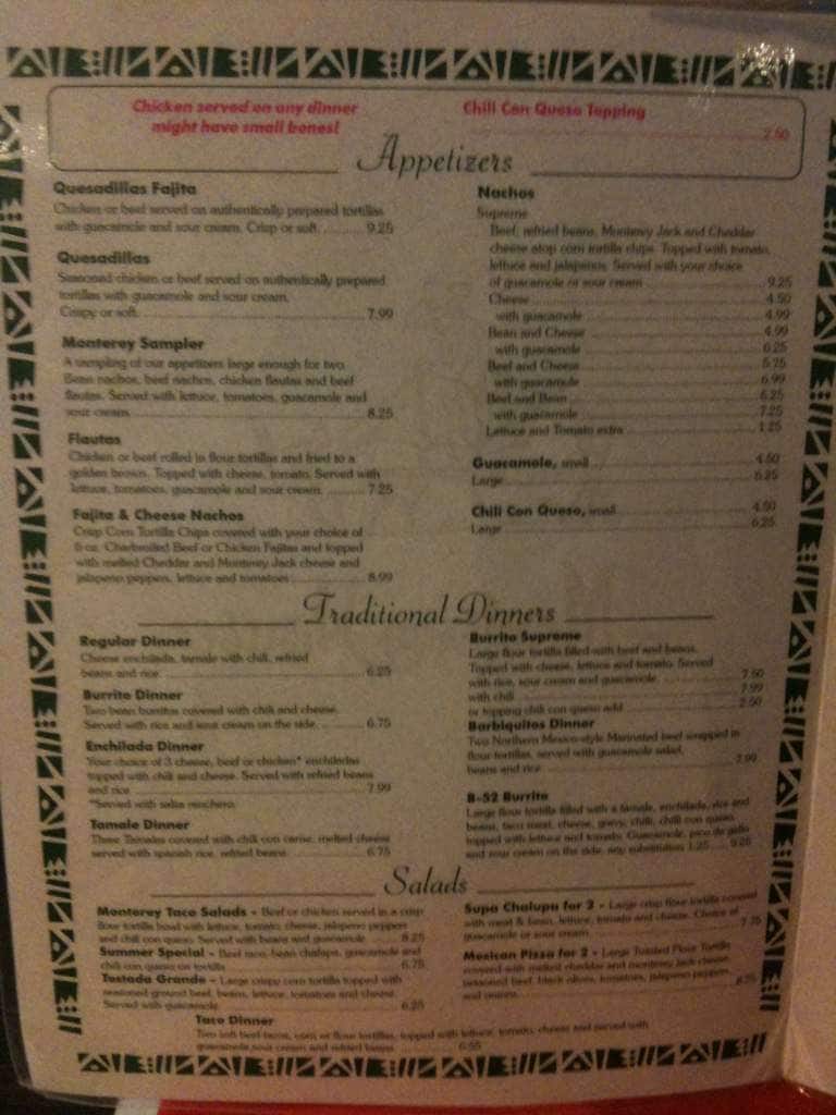 Monterey House Menu, Menu for Monterey House, Beaumont, Beaumont