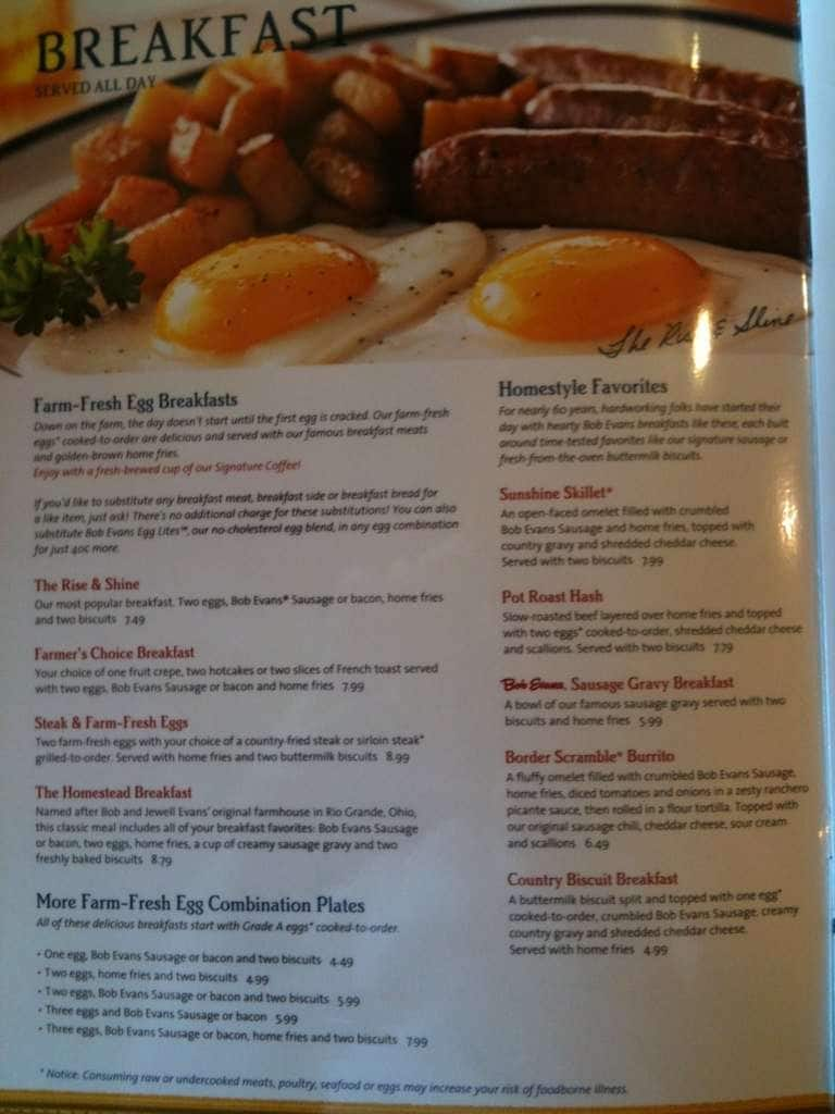 bob evans most recent menu