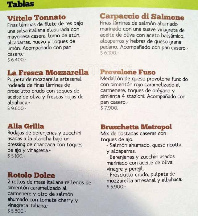Metropol Menu,Menú para Metropol, Vitacura, Santiago Zomato Chile