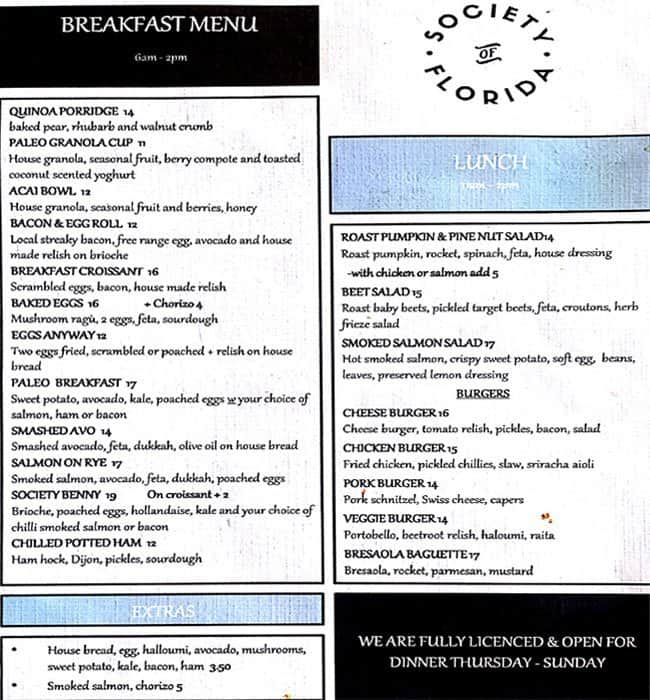 Society of Florida Menu, Menu for Society of Florida, Broadbeach, Gold