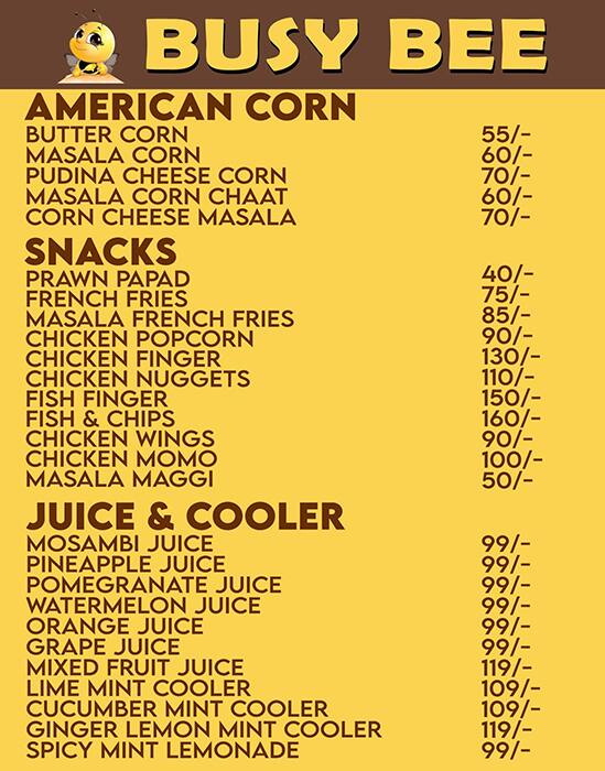 Menu of Busy Bee, New Town, Kolkata