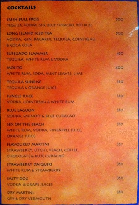 The Liquid Lounge menu